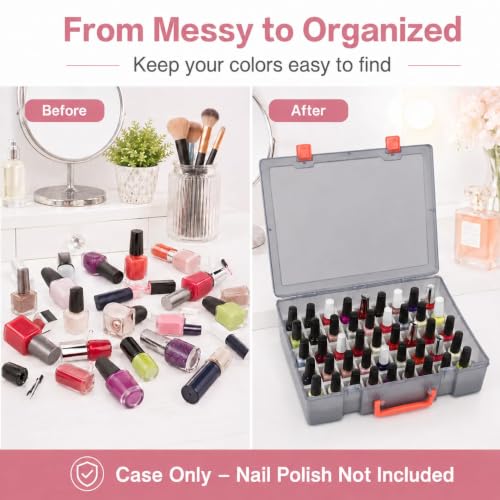 FULLCASE Light Gray Nail Polish Organizer Case for 54 Bottles, Clear Storage with Foam
