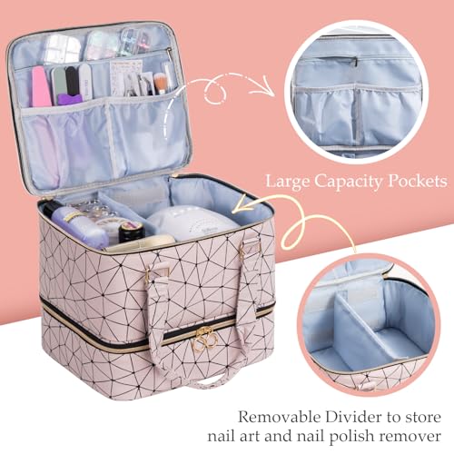 Large Pink Nail Polish Organizer Bag Holds 42 Bottles & Nail Lamp - Travel Case