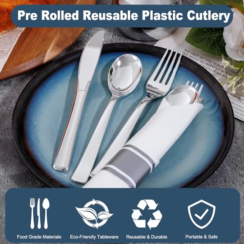 200 Pack Silver Disposable Cutlery Set with Napkins - Heavy Duty, Wedding & Party Utensils - Joyido