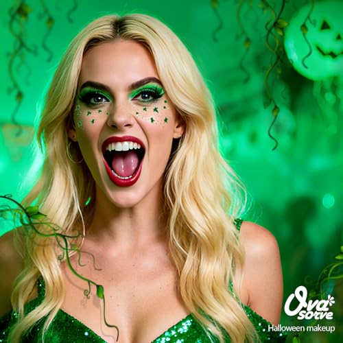 Ivy Leaf Freckles Face Tattoo - Green Glitter Face Gems & Vine Temporary Tattoos | Waterproof Halloween Makeup Kit for Halloween Ivy Costume, Festival Cosplay, Rave Party Favors (8 Sheets)