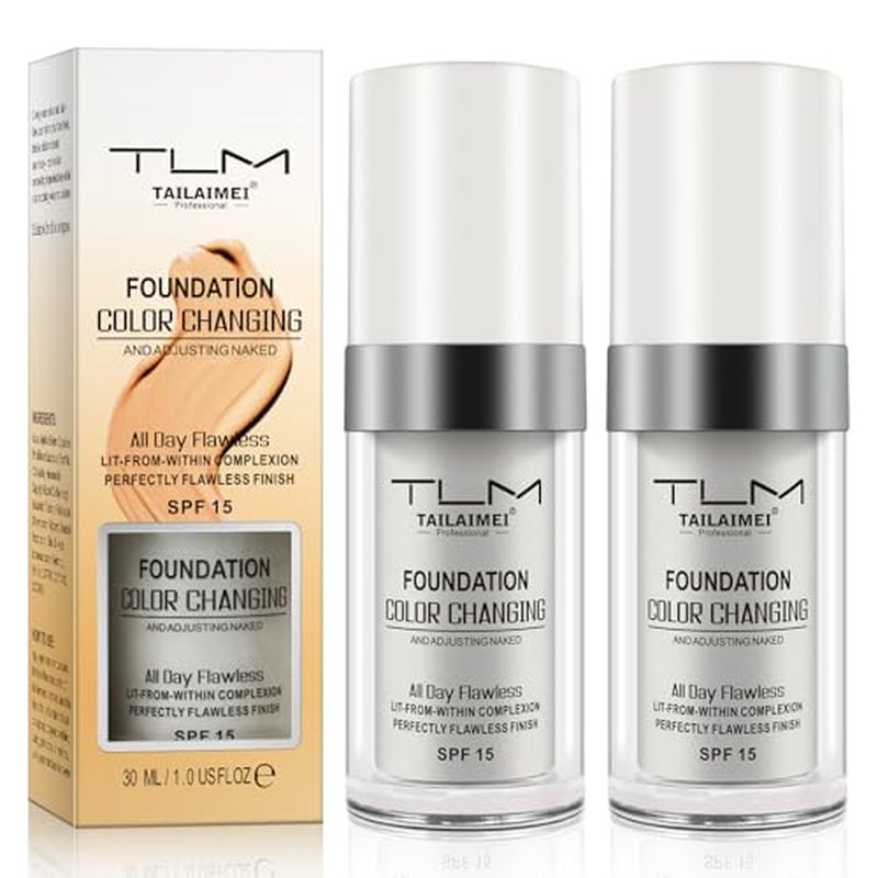 2PCS Flawless Colour Changing Warm Skin Tone Foundation, Naturally Blends Moisturizing foundation makeup, Long Lasting Waterproof Lightweight Liquid Foundation SPF 15 for Face Makeup
