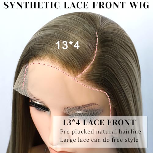 Life Diaries 26 Inch Straight Synthetic Lace Front Wig for Women Dark Brown Blonde Highlights