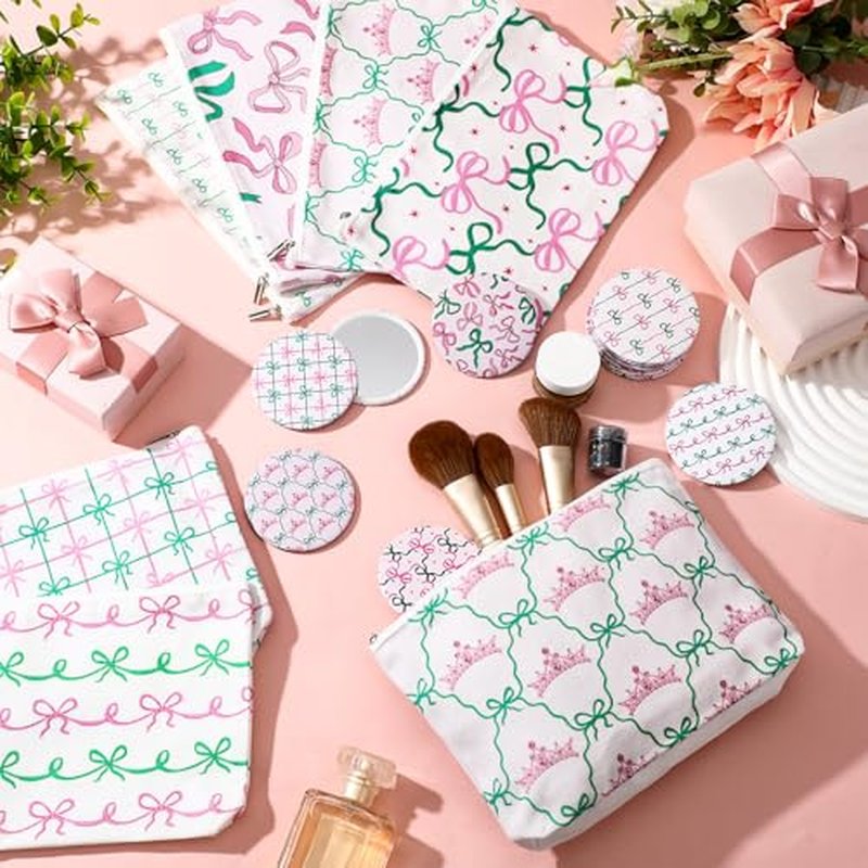 Abbylike 12 Set Pink and Green Party Favor Bow Makeup Bag Compact Mirrors Coquette Preppy Bow Gift for Women Halloween Birthday Bridal Shower Bachelorette Girly Witch and Princess Party Supply
