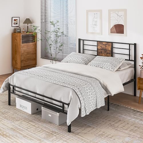 Queen Size Bed Frame with Headboard and Metal Slats - Black & Brown, 1-Pack