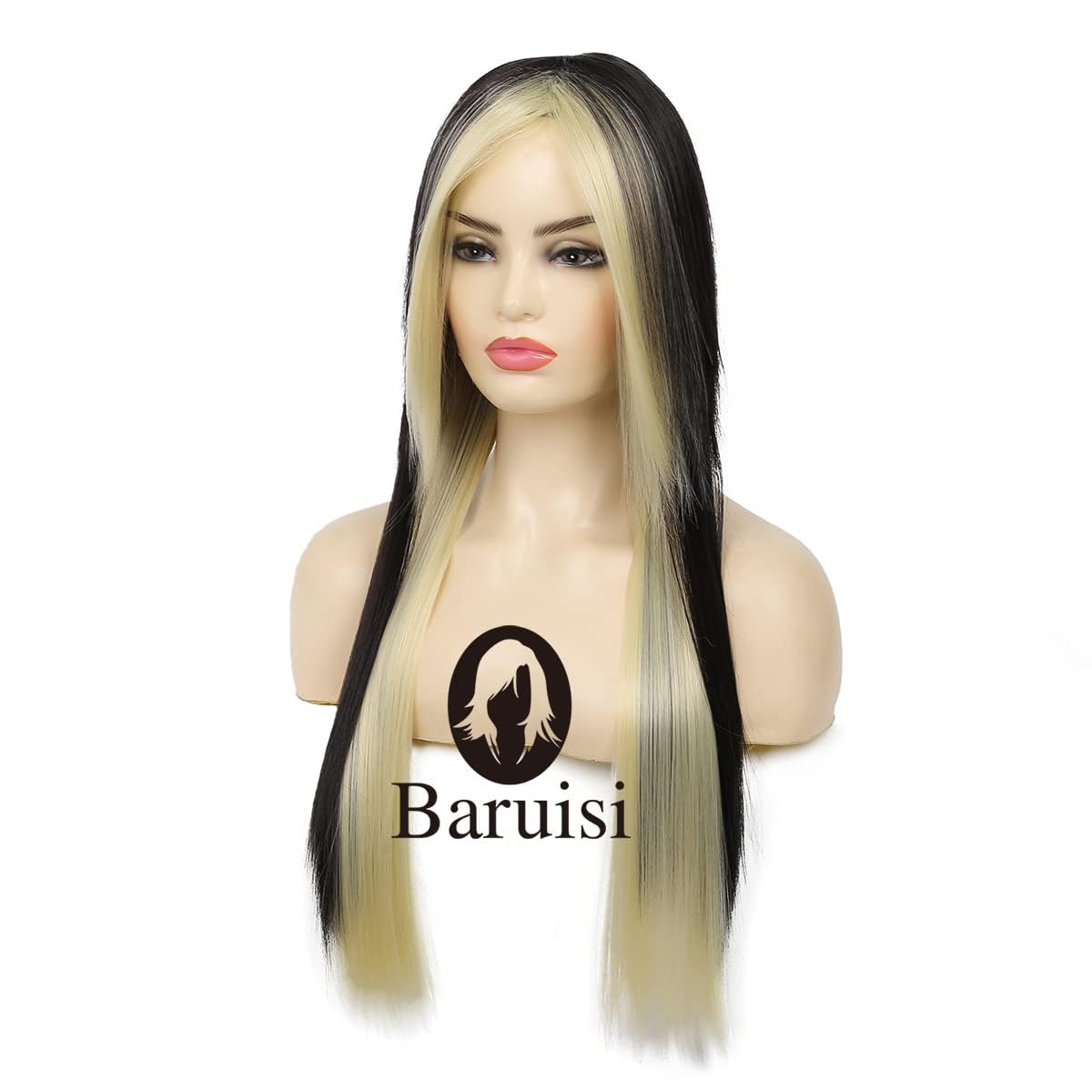 Silky Straight Long Red Black Wig with Side Bangs - Heat Resistant Synthetic Hair for Halloween
