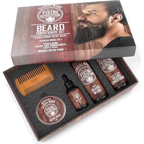 Viking Revolution Ultimate Conditioner for Men's Beard Grooming - Softens, Smoothes and Soothes Beard Itch- Contains Wash, Conditioner, Oil, Balm and Comb- Sandalwood Scent