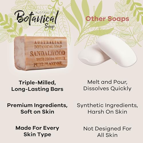 Australian Botanical Soap Sandalwood with Cocoa Butter ? Triple Milled 6.6 oz Bar Soap with Shea Butter, Face Hand & Body Soap Bars, Pack of 6