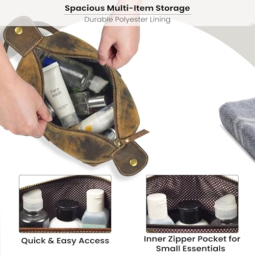 Distressed Brown Leather Dopp Kit for Men - Travel Toiletry Bag, Shaving Bag