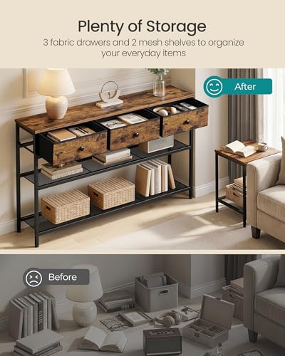 SONGMICS Rustic Brown Console Table with 3 Fabric Drawers, Narrow Entryway Furniture - 11.8"D x 44.8"W x 31"H
