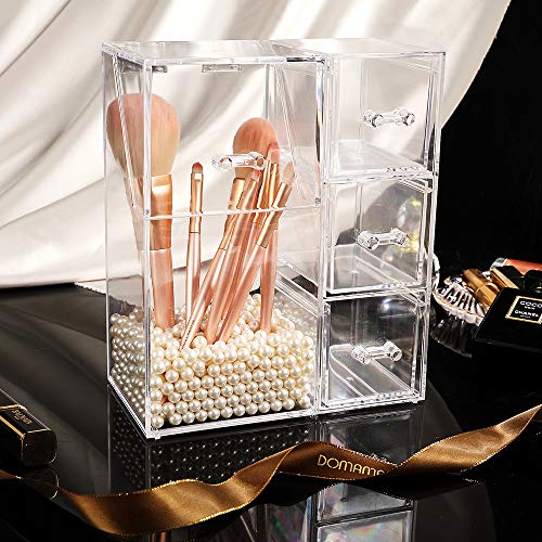 White ShellKingdom Makeup Brush Holder with Drawers & Pearls - Large Clear Cosmetic Organizer