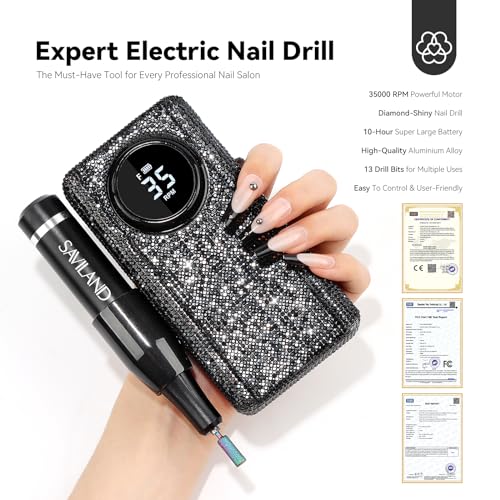 SAVILAND Portable Electric Nail Drill 35000RPM for Professional Nail Techs - Black