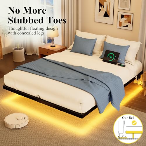 Floating Bed Frame Full Size with RGB LED Lights & Charging Station - Black