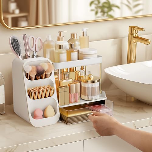 White 3-Tier Bathroom Organizer with Brush Holder for Vanity & Counter - HBlife