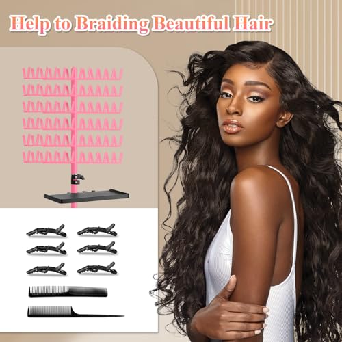 Pink Braiding Hair Rack with Tray - Adjustable 144 Pegs Hair Extension Organizer