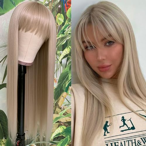 Ash Blonde Synthetic Wig with Bangs - Long Straight Hair, No Glue, 24 Inch