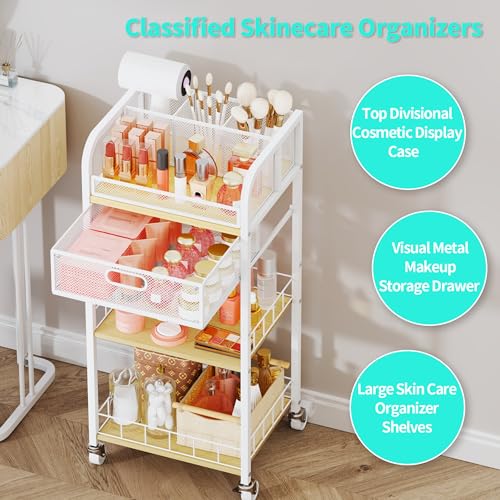 HapiRm Makeup Organizer Storage Cart - 4 Tier Skincare Make Up Storage with Drawer, Rolling Makeup Cart Vanity Organizer Cosmetics Display Cases Holder for Skin Care Perfume Nail Polish Brush