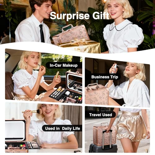 Faquenc Rose Gold Floral Makeup Bag with LED Mirror – 3-Color Lighted Travel Case
