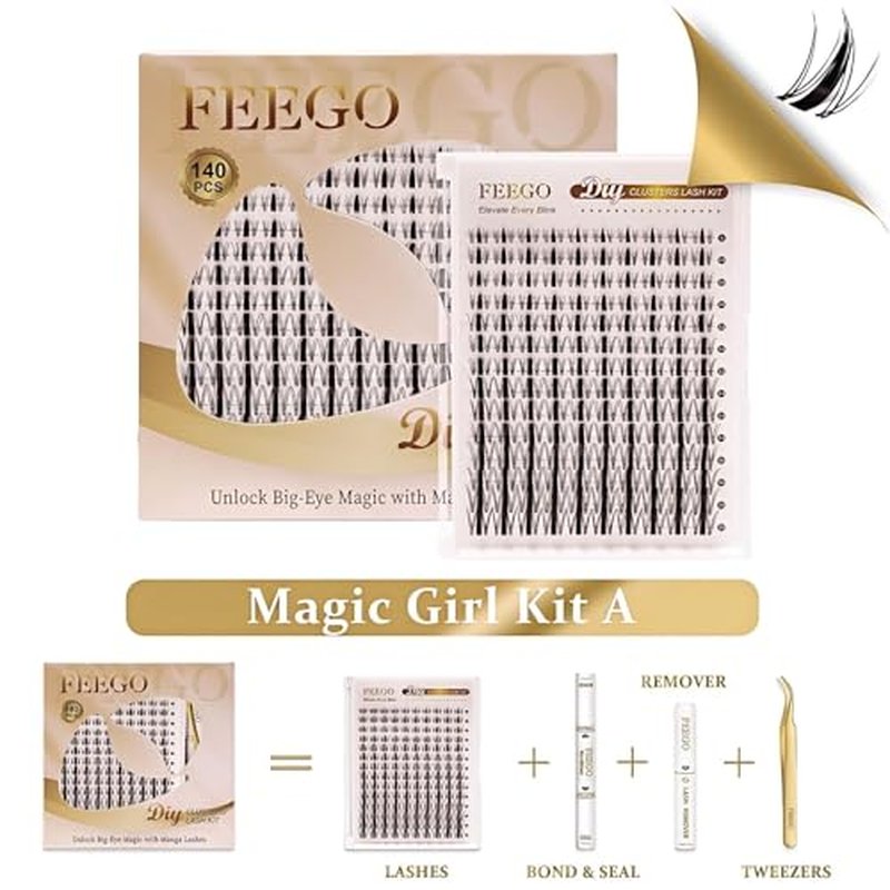 FEEGO Natural Lash Extension Kit 168Pcs Lash Clusters Kit Wispy Eyelash Extensions Individual Lashes Extensions with Bond and Seal Lash Glue and Eyelash Extension Tweezers DIY (MAGIC GIRL KIT A)