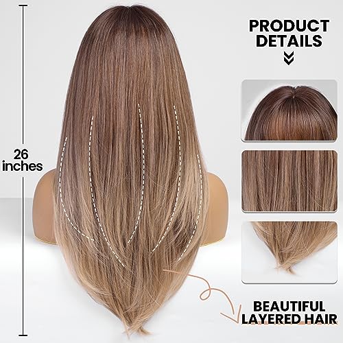 Ombre Light Brown Long Straight Wig with Bangs - Synthetic Cosplay & Daily Use, 26"