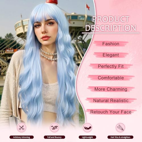 Blue Wigs for Women - 26 Inch Long Wavy Synthetic Wig with Bangs - Variation of Blue / 26 Inch