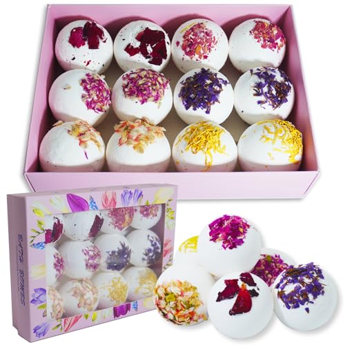 Persidra 12 Pack Large Flower Bath Bombs - 2.82 oz Spa Gift Set with Dried Petals
