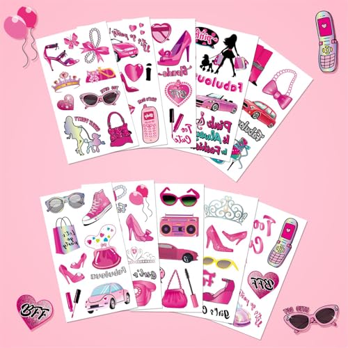 New Updated Pink Temporary Tattoos for Girls - 89+PCS Styles (10 Sheets)| Pink Birthday Decorations Hand Face Tattoo Stickers Party Supplies, Party Favors, Fan Cute, Birthday Party Gift