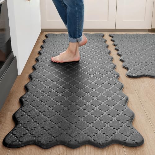 Arenarug Scalloped Kitchen Floor Mats 2PCS - Black, 24 x 39 & 24 x 59 Inches