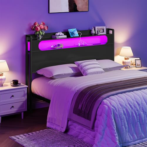 CHOEZON Queen Headboard with Storage, Charging Station & LED Light, Adjustable Metal Frame, Black