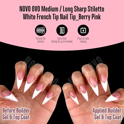 Medium/Long White French Tip Sharp Stiletto Nail Tips Berry Pink 160 Pcs