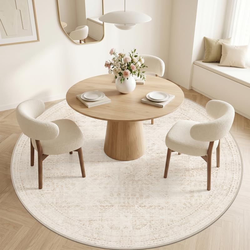 Round 8ft Washable Beige Area Rug - Soft Vintage Style Living Room Carpet with Non-Slip Backing