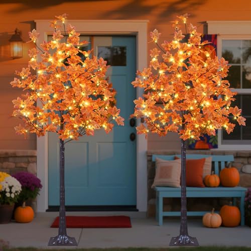 LIGHTSHARE 6ft 2-Pack Lighted Maple Trees with 240 Warm White LEDs Indoor Outdoor Fall Decor