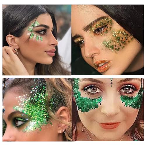 St Patrick's Day Green Body Glitters, Face Glitter Gel Mermaid Sequins Holographic Chunky Glitter, Lip Eye Hair Body Makeup, Liquid Eyeshadow Festival Rave Accessories, 50g
