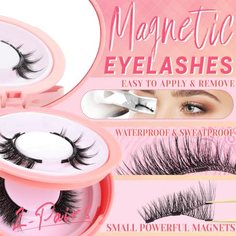 Ahrikiss Magnetic Eyelashes 2 Pairs Reusable Magnetic Lashes with Applicator Manga Lashes Natural Look No Glue Needed Lash Kit Wispy Cat Eye False Eyelashes with Magnets (M01+M02)