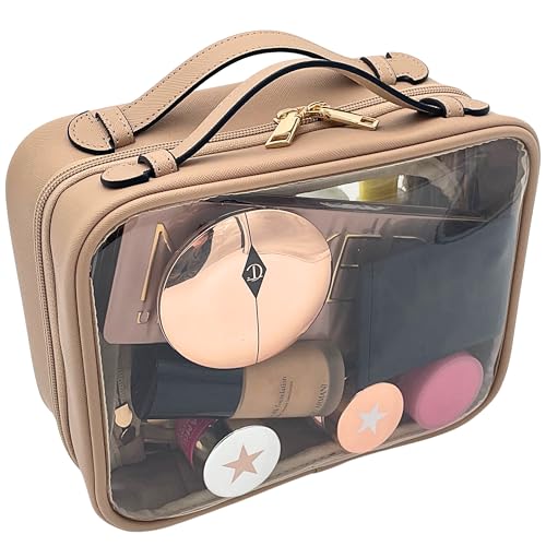JAZD Beige Clear Makeup Bag - Large Capacity Travel Cosmetic Organizer TSA Approved