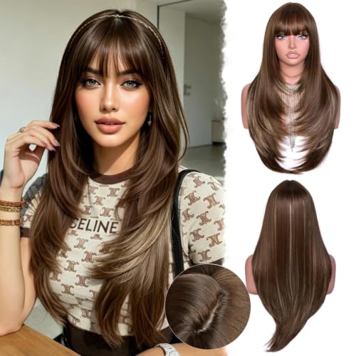 Brown Layered Wig with Bangs for Women - Realistic Scalp, Style Variations Blonde Highlight