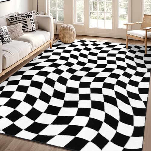 Black 6x9 Checkered Non-Slip Washable Area Rug for Living Room