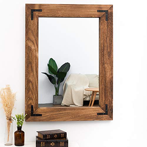 Rustic Wooden Wall Mirror - 32x24 Inch Farmhouse Bathroom Vanity Mirror - Brown - Vertical or Horizontal Hanging