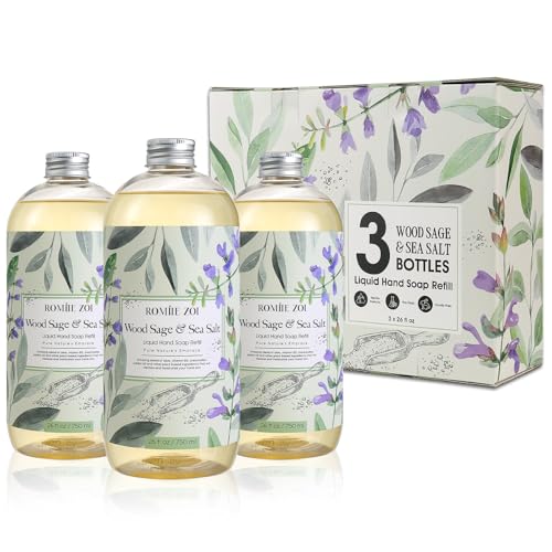 ROMIIE ZOI Hand Soap Refills Set ? Wood Sage & Sea Salt Scent ? 3-Pack 750ML Bottles ? Natural Cruetly Free Gentle Cleanse for Sensitive Skin ? Ideal Gift for Home, Bathroom, Kitchen