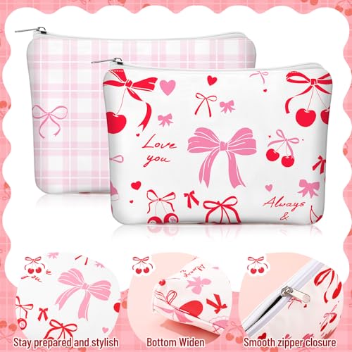 Kacctyen 18 Pcs Pink Cherry Bow Coquette Makeup Bag Cute Bow Canvas Cosmetic Bag International Womens Day Gifts for Women Girl with Zipper Aesthetic Travel Pouch Birthday Party Favor