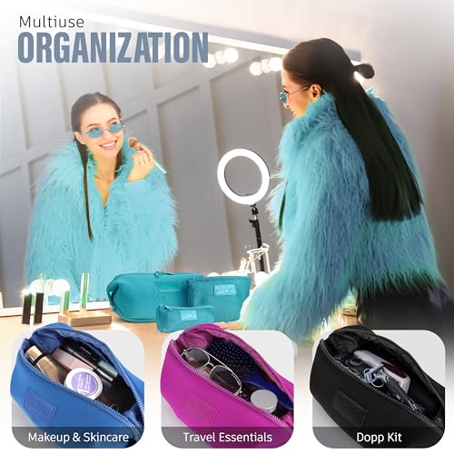 Kat Myhr Turquoise Neoprene Travel Makeup & Cosmetic Bag Set with Mesh Pouches