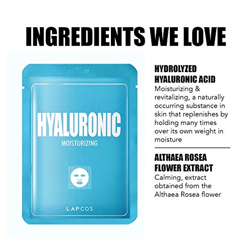 LAPCOS Hyaluronic Acid and Collagen Sheet Mask Set, (10-Pack) Daily Sheet Masks with Hyaluronic Acid and Collagen, Anti-Aging Duo to Treat and Renew Skin, Korean Beauty Favorites