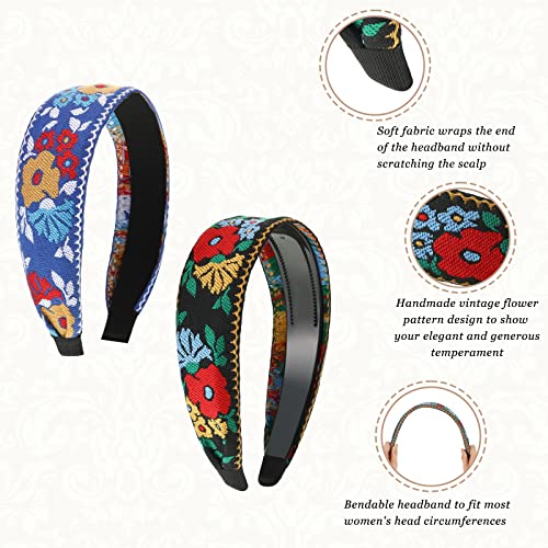 Boho Embroidered Headbands for Women - Floral Ethnic Wide Hair Accessories Set