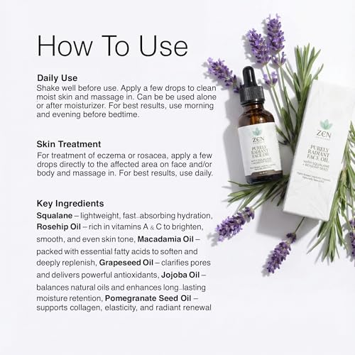 ZEN Purely Radiant Face Oil for Glowing Skin - Squalane, Rosehip & Macadamia Nut Oil - Anti Aging Brightening Serum for Skin Care, Vit C & E Serum for Face, Reduce Wrinkles & Dark Spots