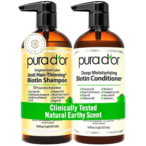 PURA D'OR Gold Label Biotin Shampoo & Conditioner Set Natural Earthy 16oz x2