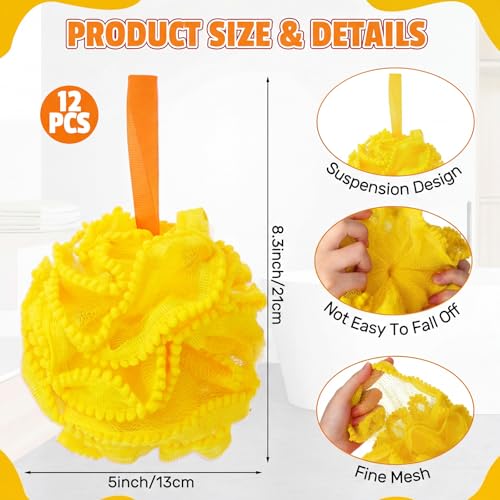 Duraaamo 12 Pcs Bath Loofah Sponge, Yellow Exfoliating Body Scrubber 50g Bath Shower Loofah Sponge Pouf Puff Mesh Shower Pouf Balls Soft Quick-Dry Cleanse Skin Accessories for Easter Chick Duck Party