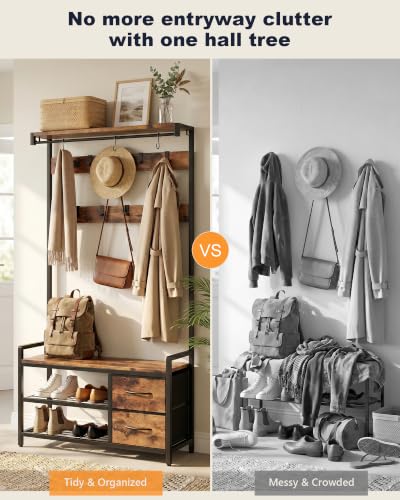 Hall Tree with Bench and Shoe Storage - 34.6" Entryway Coat Rack with Variation 34.6"x11.8"x70.8"