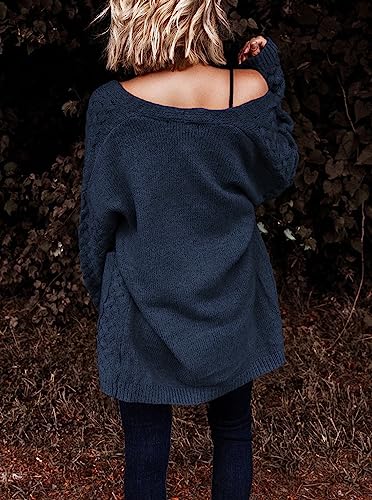Large Blue Women's Cable Knit Cardigan Sweater with Pockets - Casual Open Front
