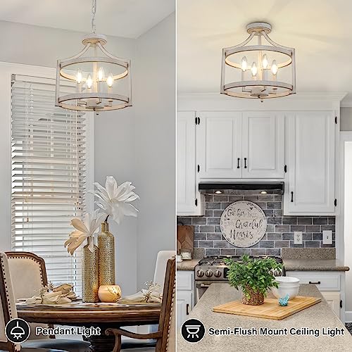 4-Light Farmhouse Chandelier - Distressed White Ceiling Light Fixture with Adjustable Height