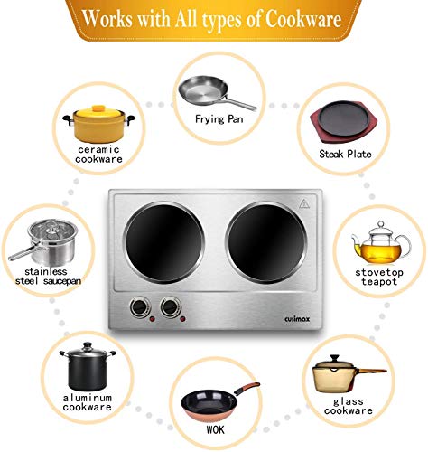 Double Burner Electric Hot Plate - 1800W Ceramic Portable Cooking Stove - Silver