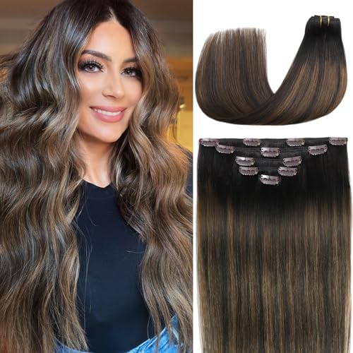 Clip-In Hair Extensions 14 Inch Balayage Dark Brown to Chestnut Brown - Real Human Hair